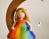 Children Mobile Waldorf inspired needle felted : The Rainbow fairy in the moon with crystal