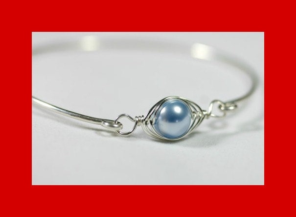Light Blue Pearl Bracelet Wire Wrapped Jewelry Handmade Sterling Silver Jewelry Handmade Swarovski Pearl Bracelet Pearl Bangle Bracelet