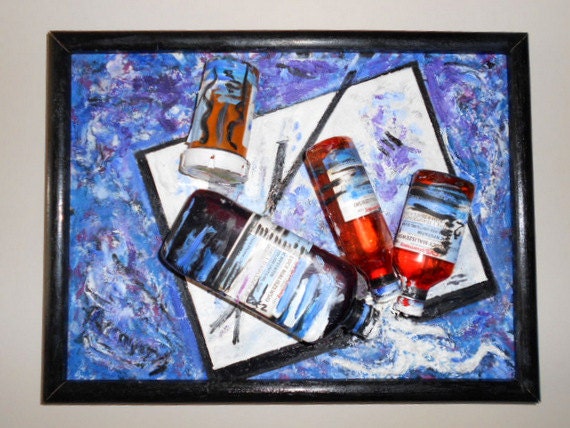 Fine Art-Mixed Media -Original Oil Painting--Unique-Home Decor-Modern-Wall Decor- Blue-Pharmacy