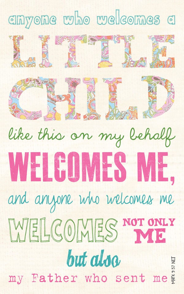 Baby Gift, Baby Shower present, Adoption gift, Scripture Art, Bible Verse Art, Faith Based Art, Mark 9:37, 10x15 art print on wood