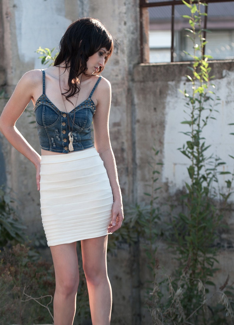 Womens mini skirt - bright white with pleated jersey structure, soft grunge punk fashion - large