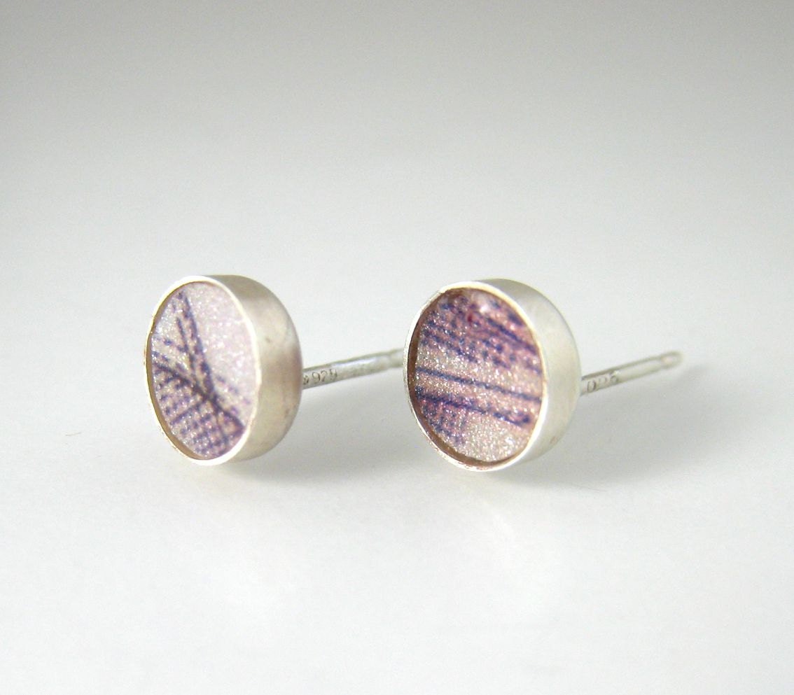 Silver post earrings with illustration, Polymer clay and Silver jewelry, Unique handmade silver jewelry