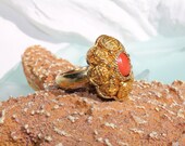 BEAUTIFUL Vintage Sterling Silver Vermeil Size ADJUSTABLE Hong Kong Export Genuine Coral Filigree with Chinese Symbols Ring - 5.8 Grams