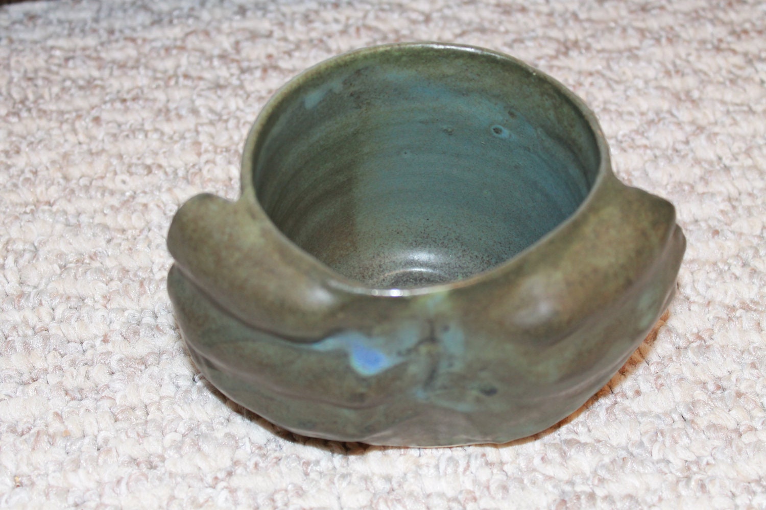Two Handled Warming Mug-- Mat Finished Olive Gray with Blue Accents Cone 6 Glaze