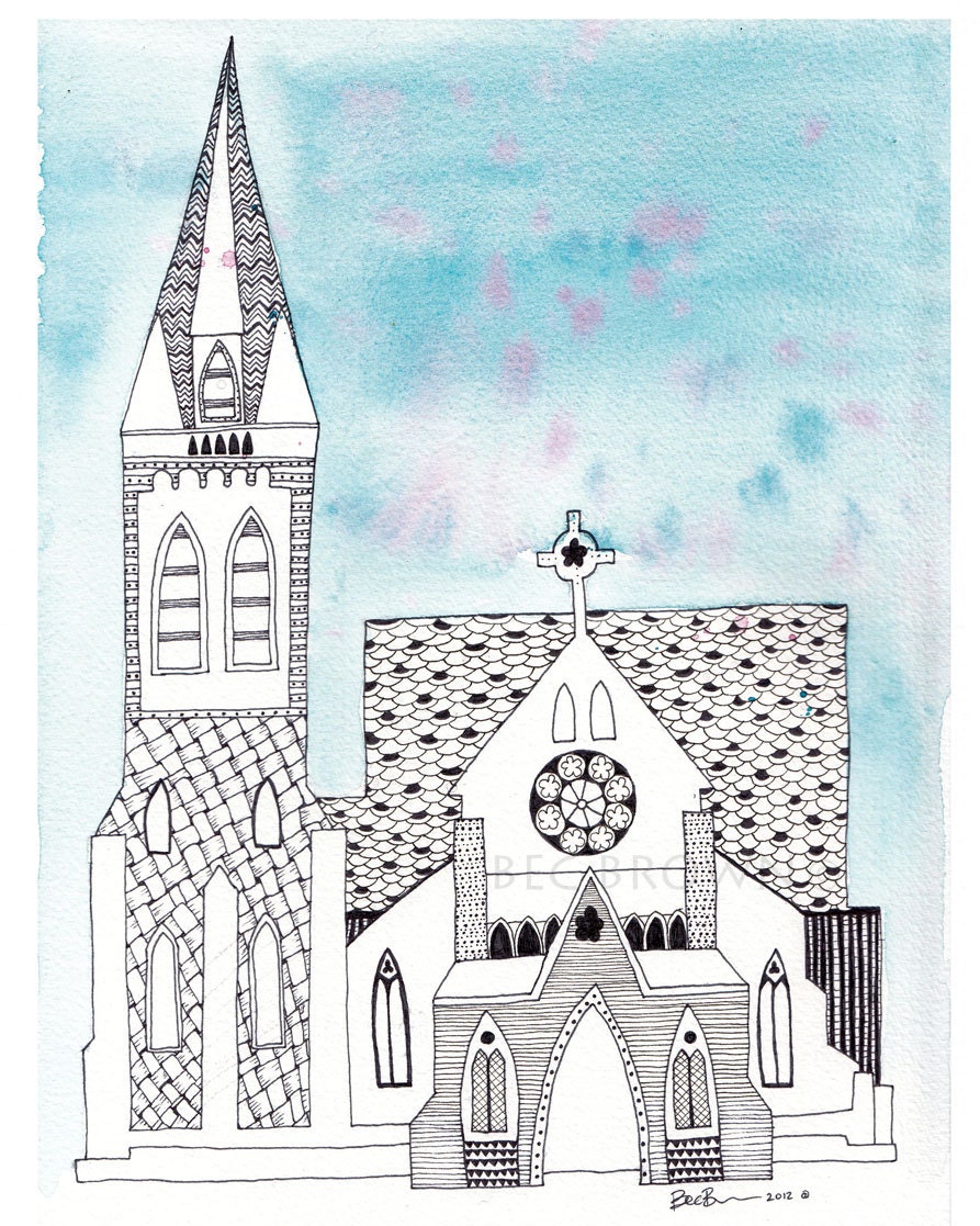 Christchurch Cathedral New Zealand Watercolor Art Drawing 8x10" Print (unframed)