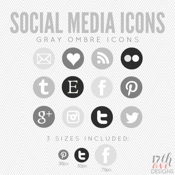 Gray Ombre Social Media Icons for Blog & Web, INSTANT DOWNLOAD