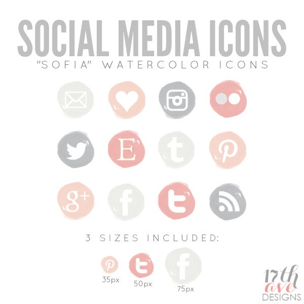 Watercolor Social Media Icons for Blog & Web - "Sofia" INSTANT DOWNLOAD