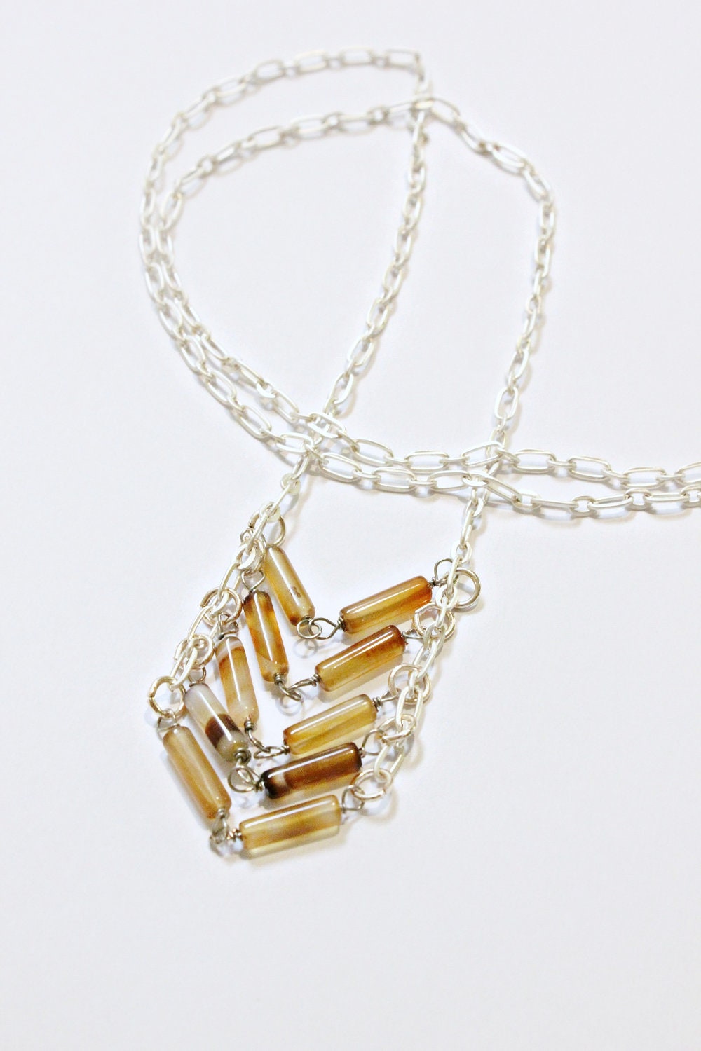 Handmade Agate Chevron Ladder Necklace Silver Long Amber Stone Fall Jewelry