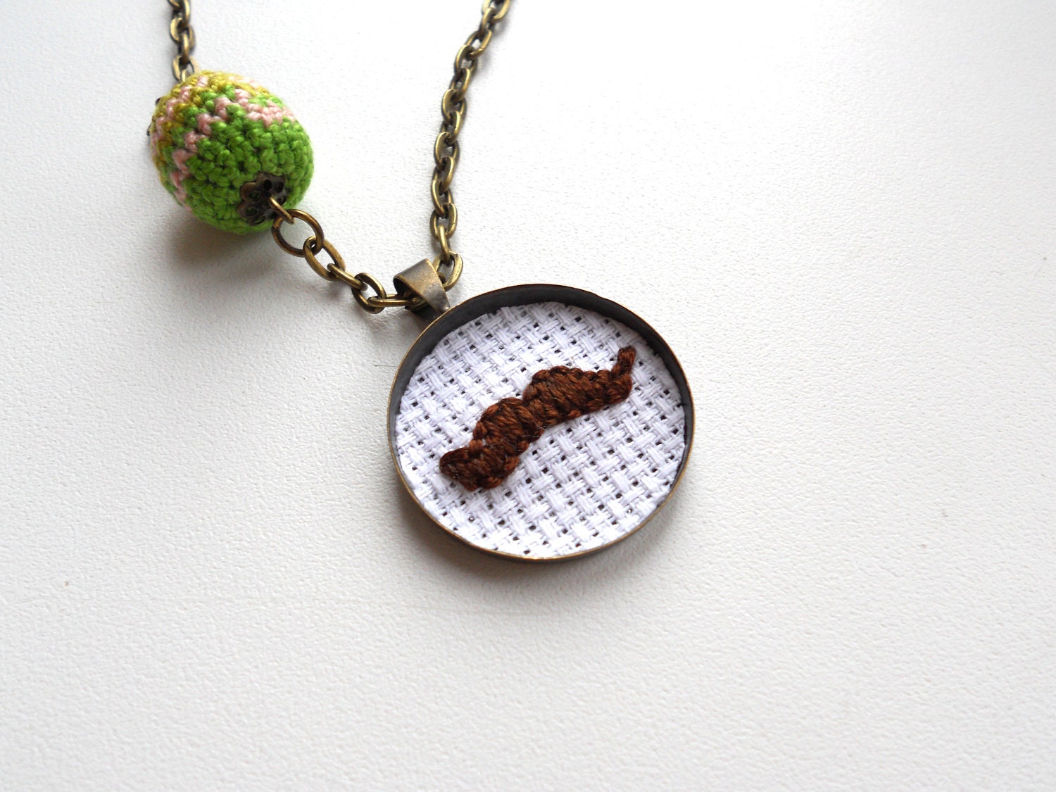 Mustache Necklace - Brown Curly Moustache Necklace - Movember - Hand embroidered necklace