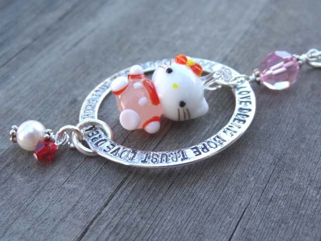 Pink Crystal Kitty Cat Lampwork Charm Bead Handmade Necklace Pearl Charm Love Trust Dream Hope Glass