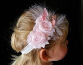 Feather Headband, Baby Headband, Flower Headband, Photo Prop, Toddler Headband, Pink Chiffon Flower Headband.