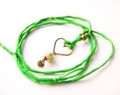 Green Necklace, Silk Cord, Brass Heart Pendant, Beaded Necklace, Beadwork, Heart Charm, Bohemian Jewelry, Colorful  Necklace