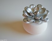 Succulent Sculpture in White Modern Round Container, Spring time Desktop Accessory, Tabletop Centerpiece