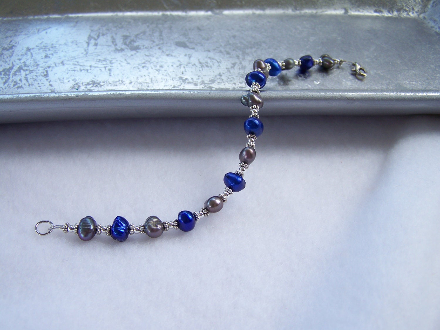 Royal Blue and Grey Freshwater Pearl Beaded Bracelet - Handmade Jewelry - Ready to Ship