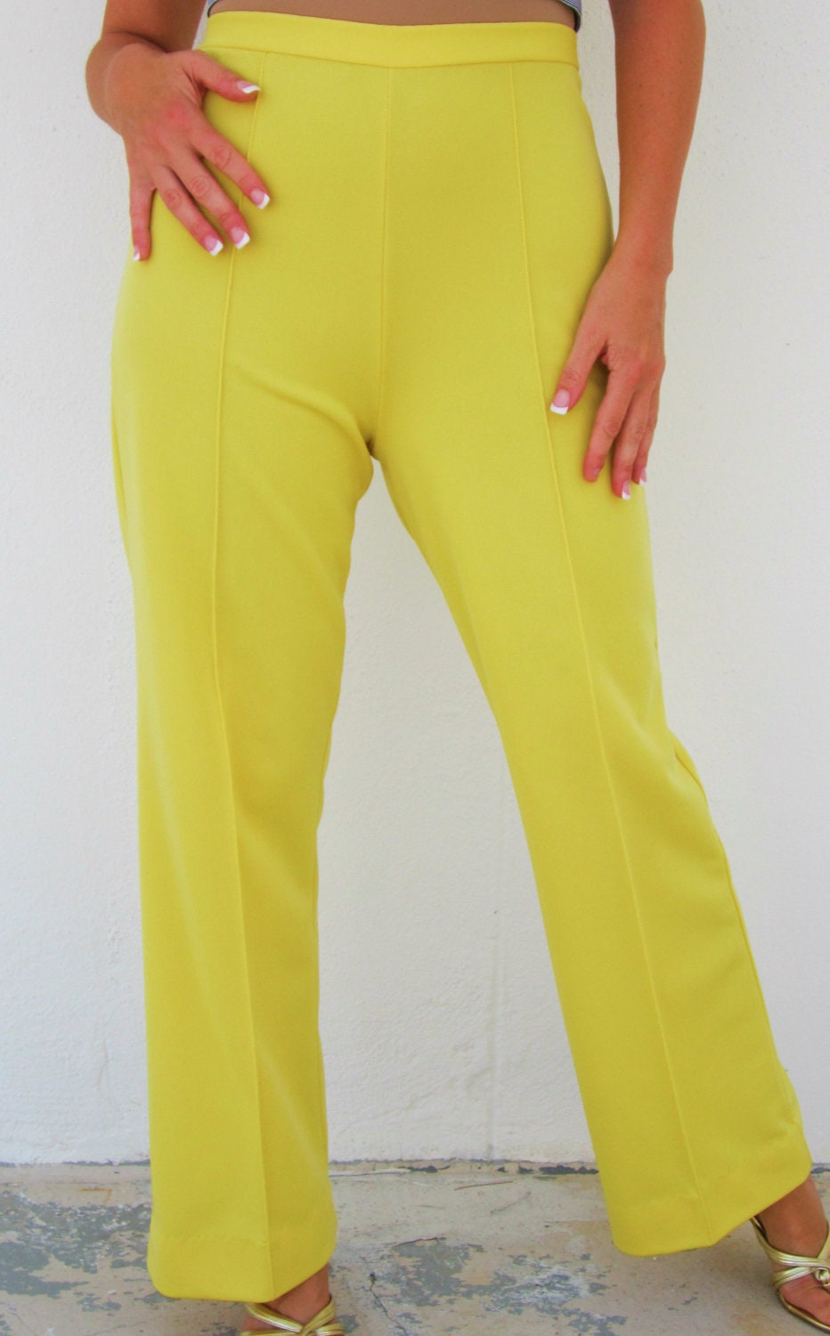 70s SUPER HIGH WAISTED Pants Bright Yellow Flares Mod Hippie to Hottie Womens Stretch Trousers - swankyturtle