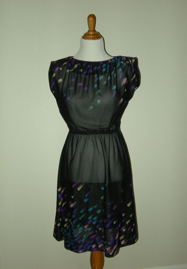 Sheer Black Brushstroke Vintage 1970s Dress