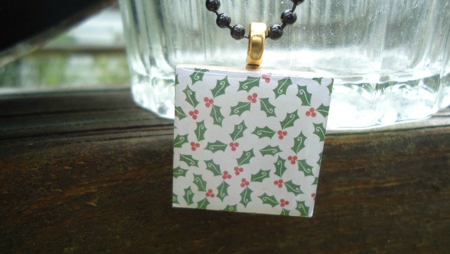 Festive Holly, Christmas, Holiday Wood Tile Necklace
