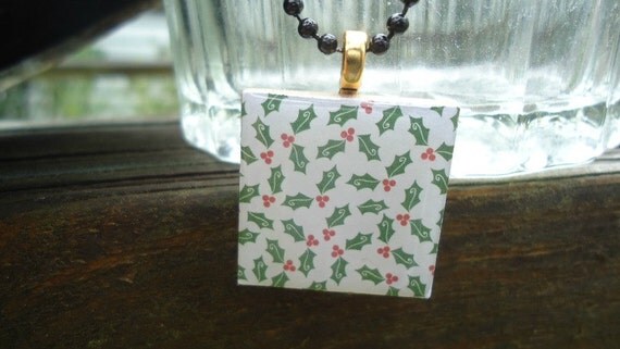 Festive Holly, Christmas, Holiday Wood Tile Necklace