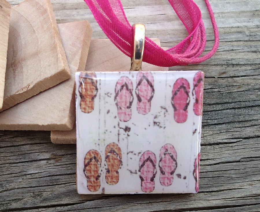 Wood Tile Beach Summer Flip Flops, Pink, Orange and White