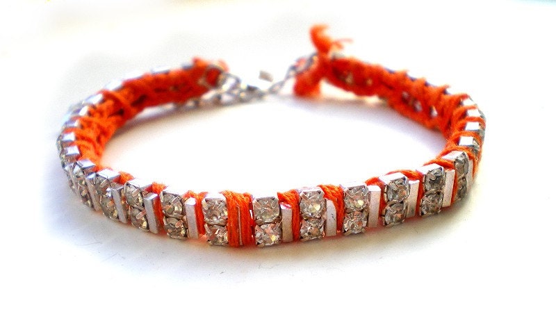 Neon Orange Rhinestone and Thread Bracelet