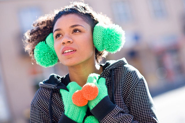 handmade earmuffs earwarmers fluorescent green pompoms neon, pom pom, pompon by bimabejbe