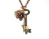 Bronze Key Necklace with Copper Flower Charm on Copper Chain