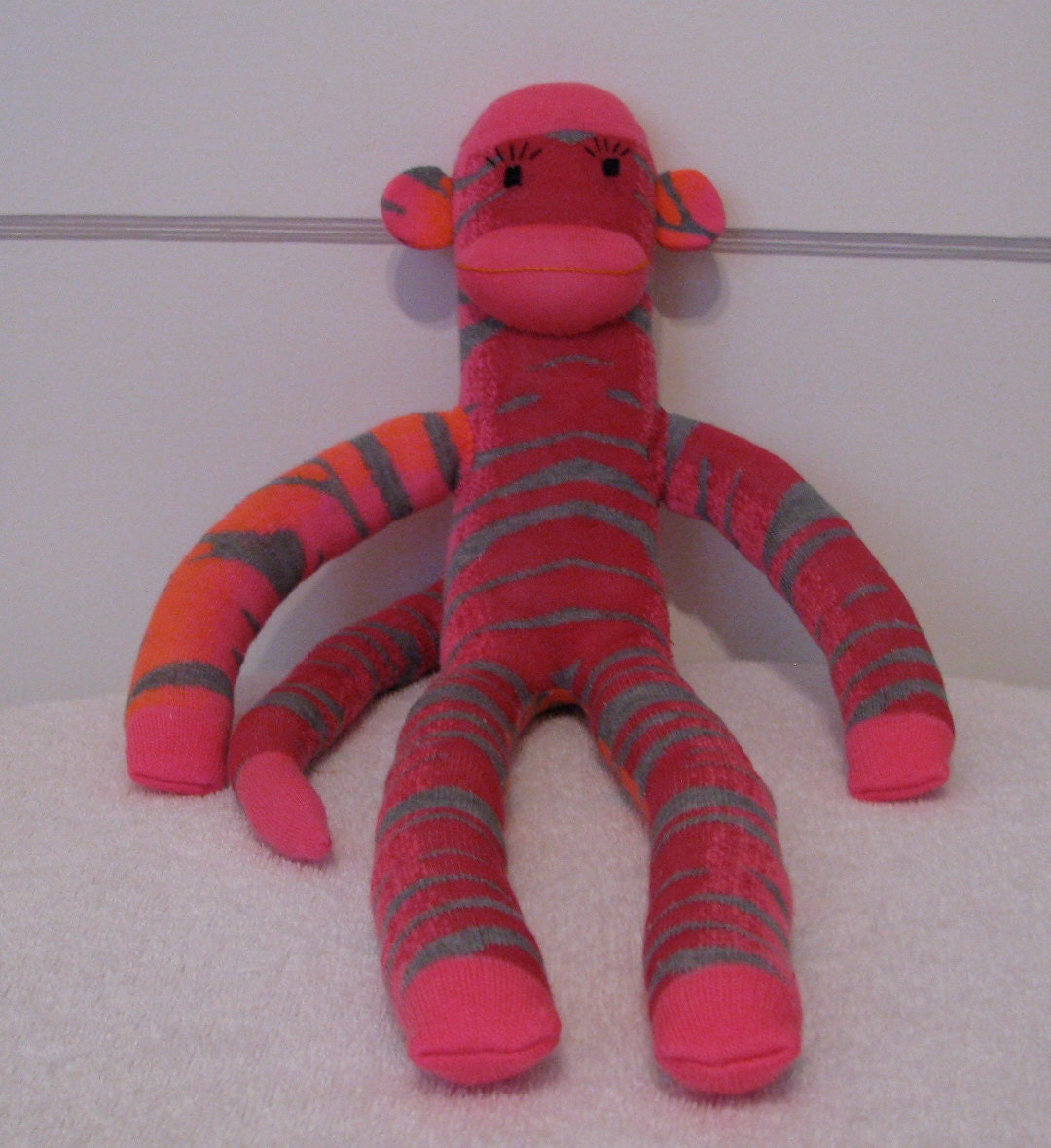 Hot Pink and Grey Zebra Patterned Sock Monkey