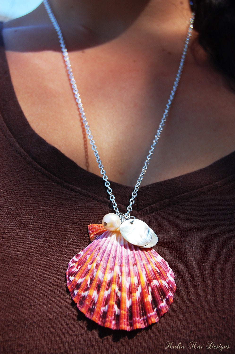 Pecten Sea Shell Necklace, sunrise colors, Hawaiian shell necklace, Beach necklace, silver plated chain, fresh water pearl