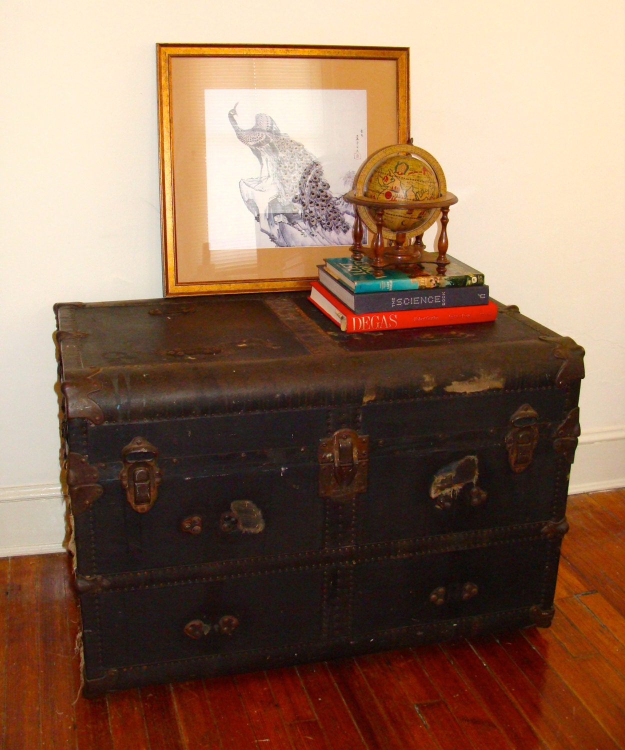 Vintage Travel Trunk Steamer Standing or Coffee Table Storage Blanket Chest Oversized Black "Leather" Footlocker