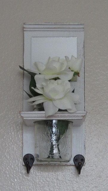 Shabby Chic Nautical Beach Cottage Reclaimed Cedar Flower Vase Mirror Sconce Towel Coat Rack Hooks Entryway in Distressed Whisper White