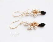 Cluster Earrings, Gold teardrop Earrings, Beaded Earrings, Black Swarovski Crystal & Pearl drops Luxe Style