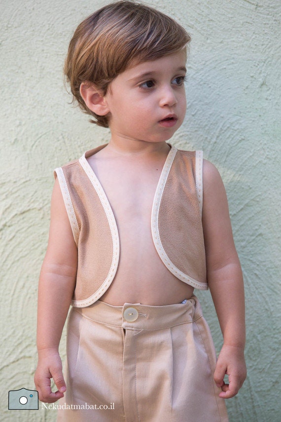 Brown Flannel Children Vest / Children Clothing / Kids Clothing  / Vest With Stitched Beige Ribbon Finish