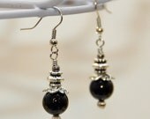 Glossy Black Glass Bead Earrings - silver, winter 2012, dangle earrings, Christmas present for her