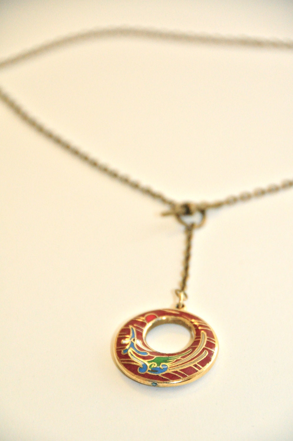 Red & Gold Found Pendant Cloisonne Necklace - winter 2012, lariat necklace, found pendant, toggle clasp, Christmas present for her