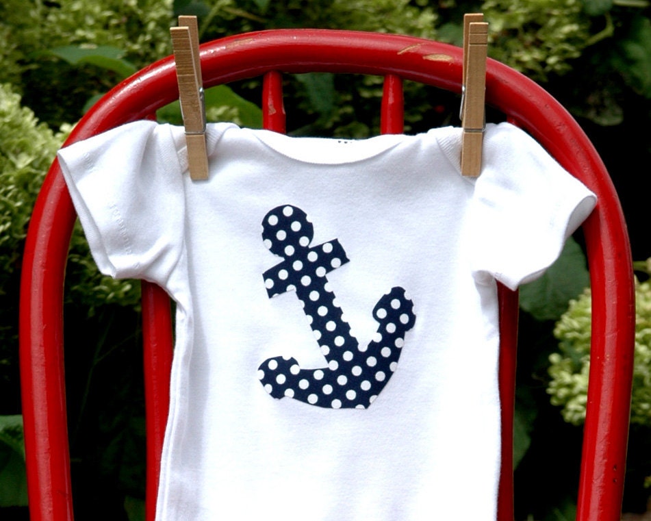 Anchor Onesie - nautical navy polkadot - made to order sizes 3m, 6m, 9m, 12m, 18m, 24m - long or short sleeve