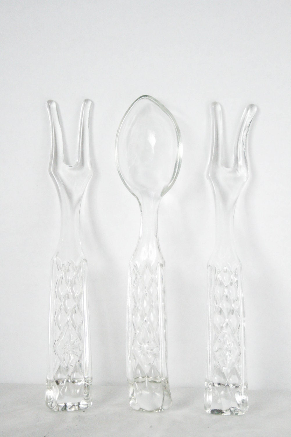 Vintage Cut Glass Serving Utensils (Set of 3) - Fork, Spoon