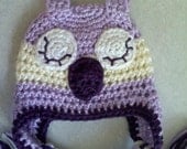 Lilac and ecru sleepy owl crochet hat, sizes 0-6 month, 6-12 months, or 12-18 months. Photography prop newborn baby shower gift idea