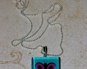 CLEARANCE Bright Bold Teal and Pink Butterfly square glass tile pendant necklace silver plated dainty chain