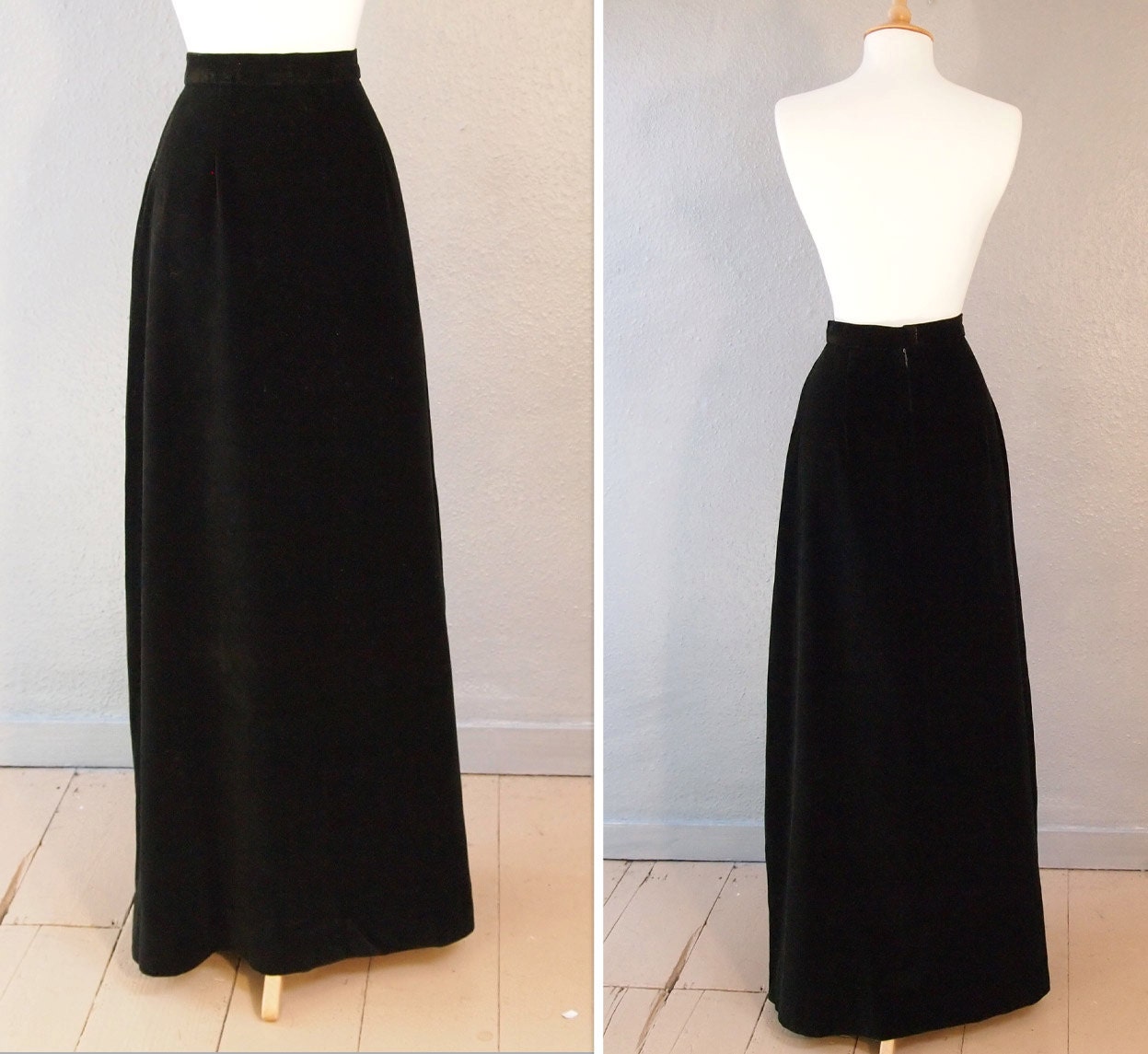 Long Black Velvet Skirt,   Vintage Handmade,  Floor Length 1960s,  Boho Hippy Skirt,  Small Size,  Silk Velvet