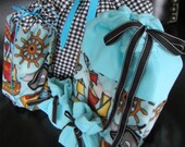 Black and White Check Cotton Reusable Gift Wrap Bag with Blue Ribbon Drawstring Tie