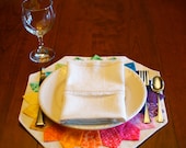 Quilted Placemats SET OF 6 in Dresden Plate Color Wheel Inspired Multi Rainbow Printed Graphic and Floral Cotton on Natural Linen-Look