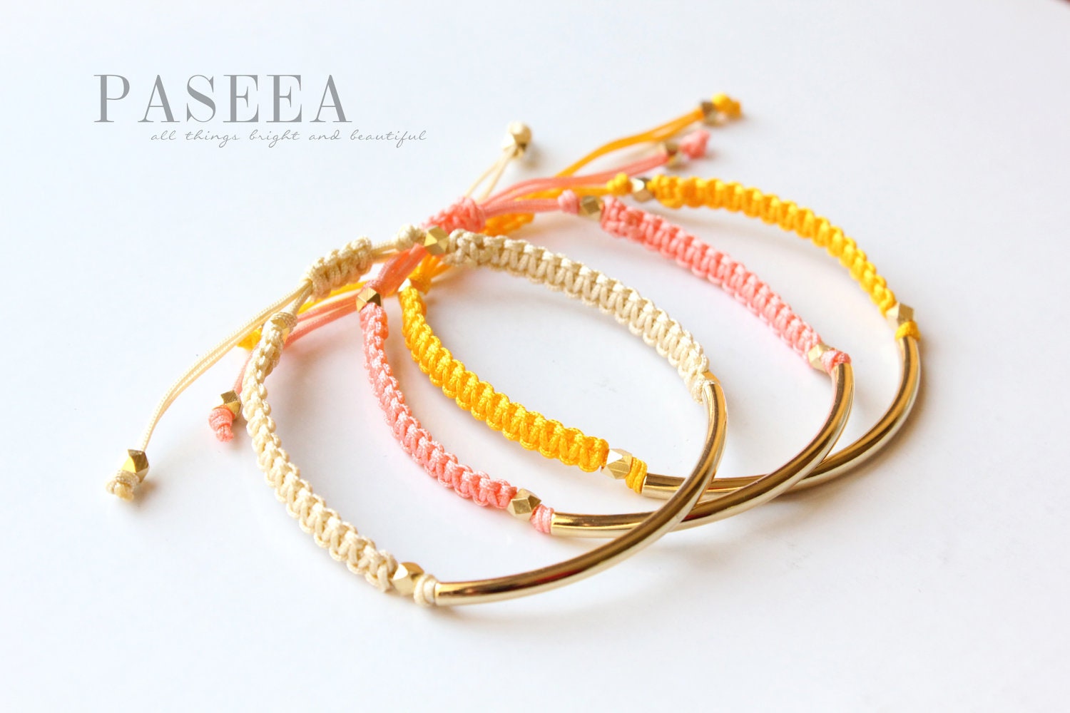 SET OF 3 ( any choice of colors) Gold Tube Macrame Bead Bracelet