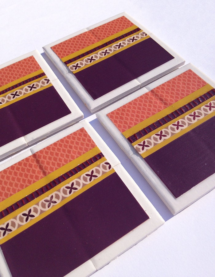 Porcelain Drink Coasters (Set of 4) - Plum, Mustard & Salmon Pink