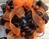 Fall Wreath - Classic Orange & Black Fall with Glitter Balls Door Wreath