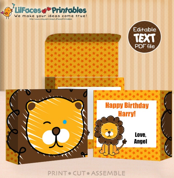 Cute EDITABLE Lion - PRINTABLE Gift box - Gift Wrap box