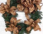 Cheetah Print Christmas Wreath, Leopard Print Christmas Bow Wreaths, Door Decor, Zebra Print Wreath, Animal Print Ribbon