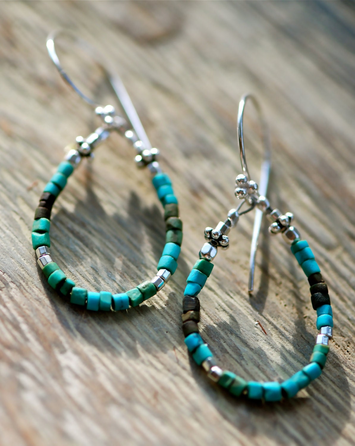 Turquoise and Silver Hoop Earrings Handmade Jewelry