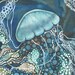 Whirling JELLYFISH 8.5 x 11 print of watercolour artwork painted in turquoise teal aqua green and blue, sea nettle, tentacles, bubbles