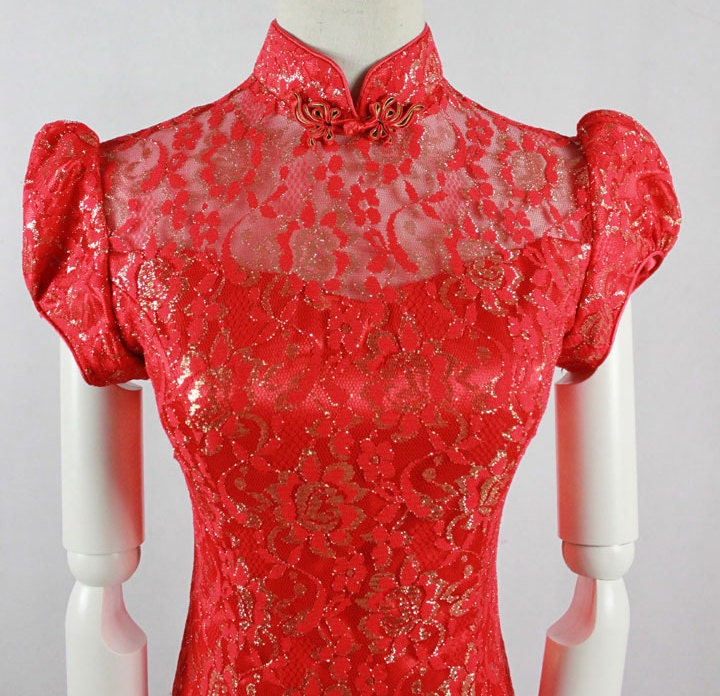 Chinese Wedding Fusion Bridal Gown Dress with bubble Sleeves in Lace & Gold Thread
