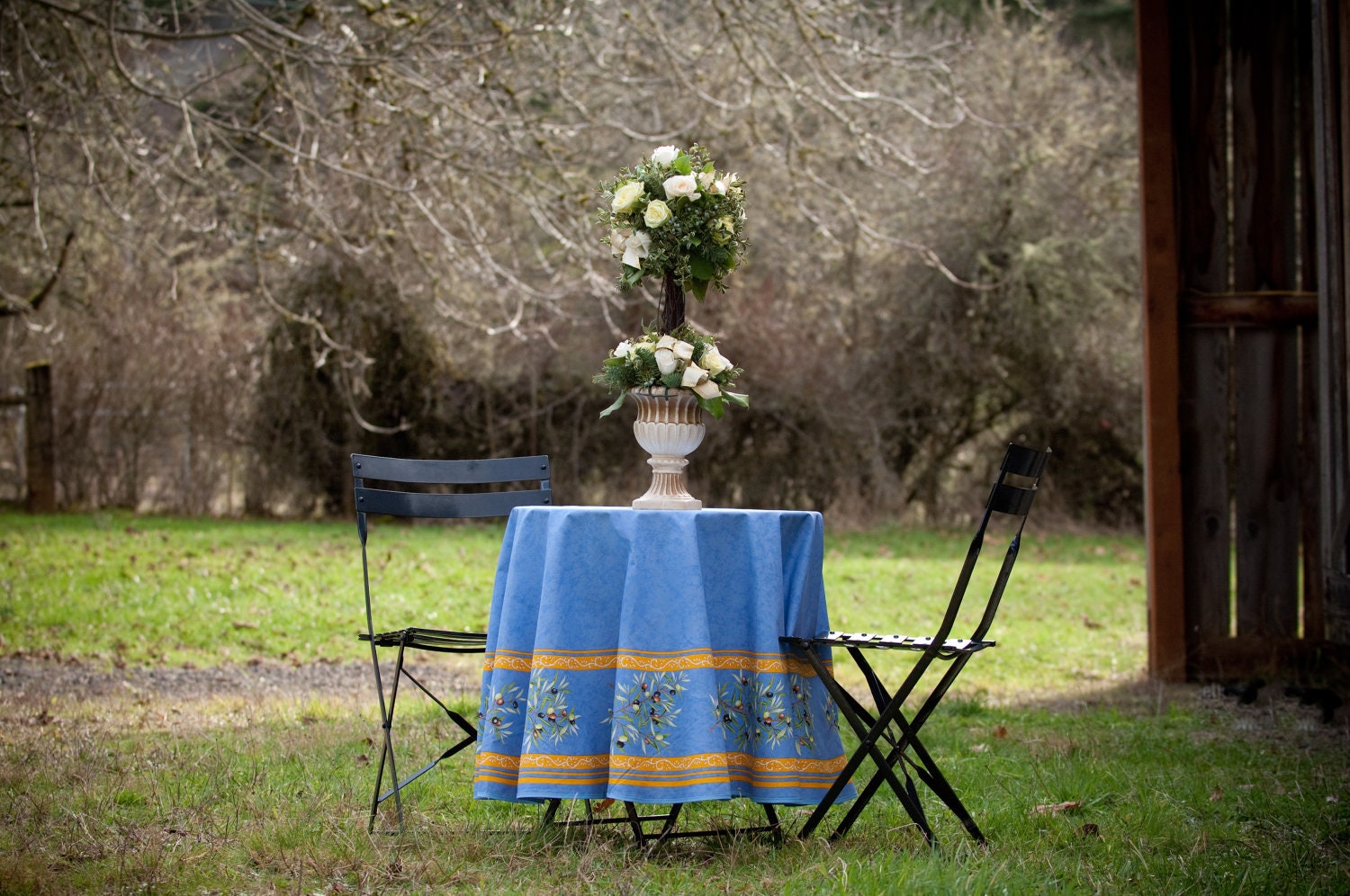 70 inches Round Tablecloth Provence Coated Olives in Blue - Umbrella Hole and Napkins available -